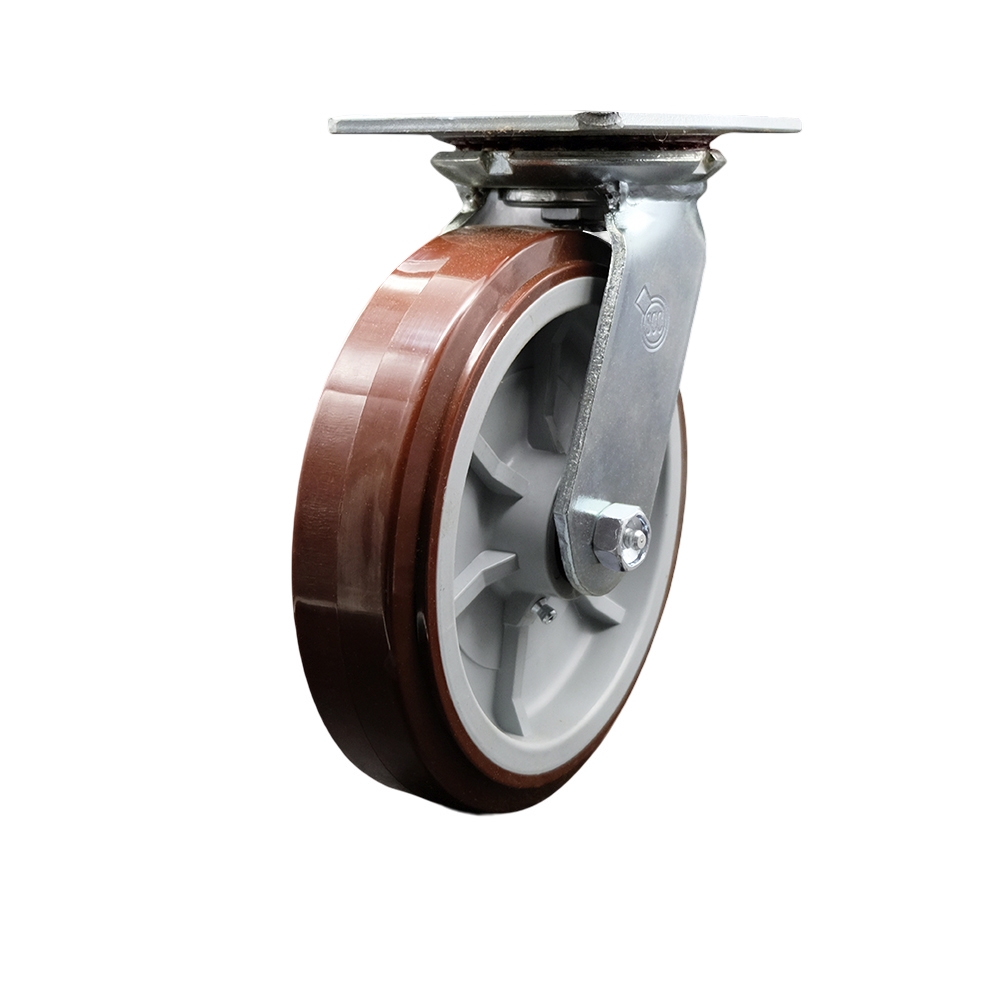 Heavy Duty Large Top Plate Polyurethane on Polyolefin Swivel Caster w/Main. Free Bearings and 8" x 2" Maroon Wheel - 1000 lbs Capacity/Caster - Service Caster Brand — photo 1