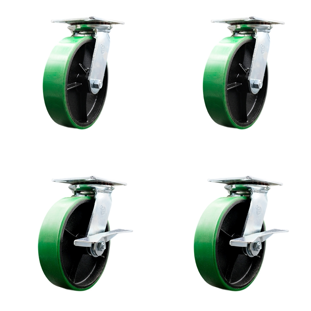 Heavy Duty Large Top Plate Polyurethane on Cast Iron Swivel Caster Set of 4 w/8" x 2" Green Wheels - Includes 2 Swivel with Brakes & 2 Swivel - 5000 lbs Total Capacity - Service Caster Brand — photo 1