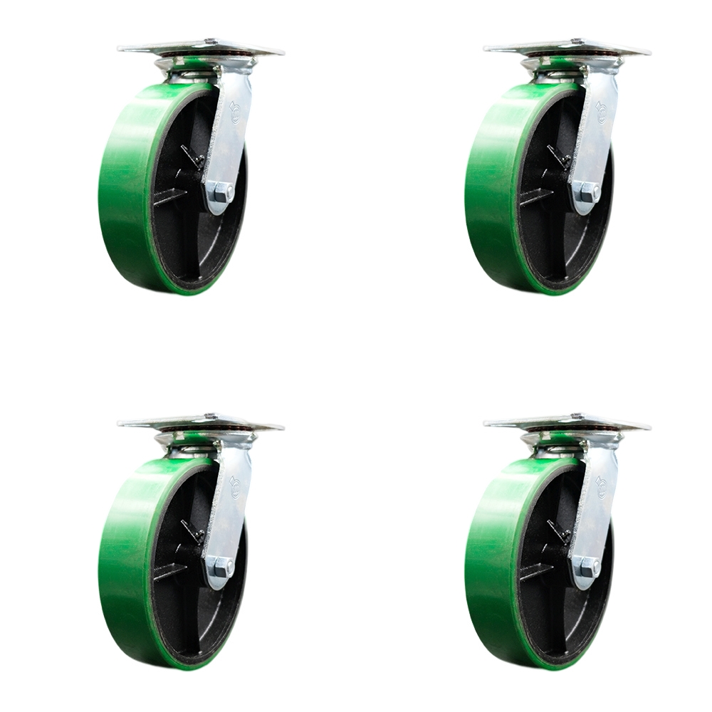 Heavy Duty Large Top Plate Polyurethane on Cast Iron Swivel Caster w/Main. Free Bearings Set of 4 w/8" x 2" Green Wheels - Includes 4 Swivel - 5000 lbs Total Capacity - Service Caster Brand — photo 1