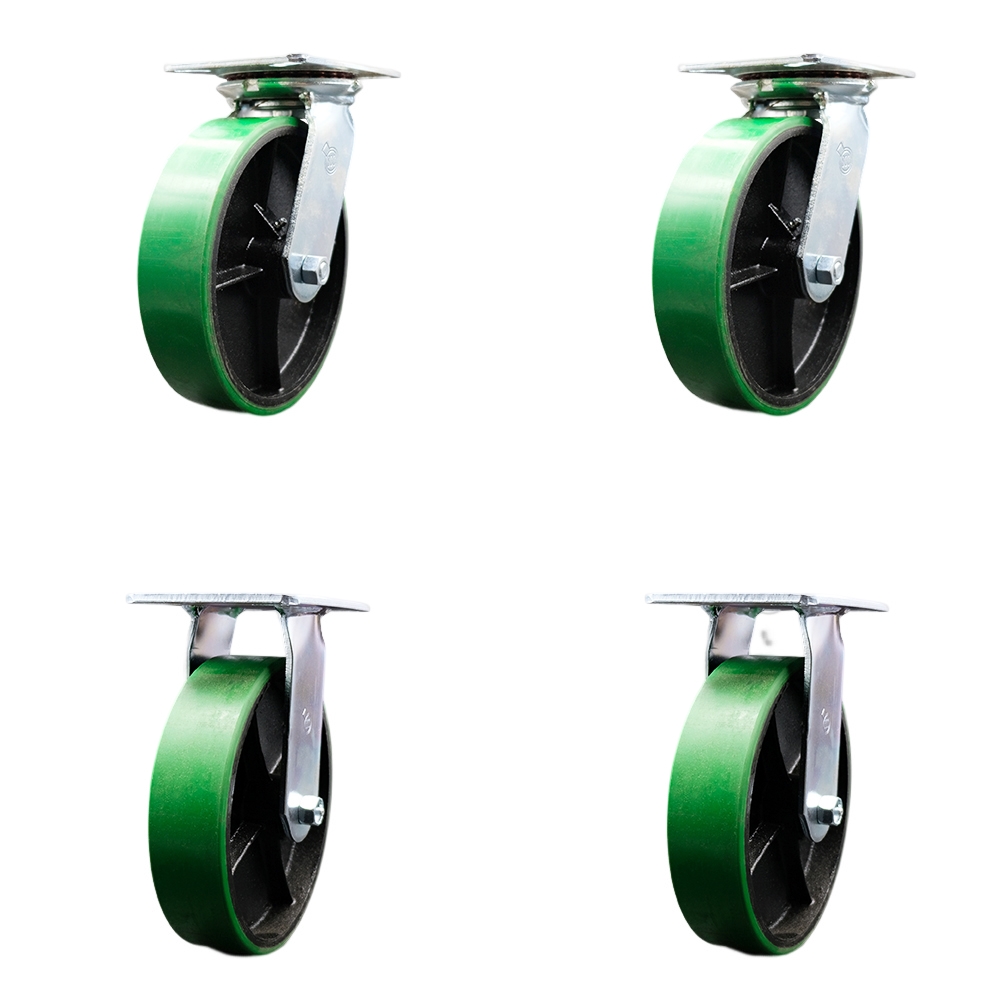 Heavy Duty Large Top Plate Polyurethane on Cast Iron Swivel Caster Set of 4 w/8" x 2" Green Wheels - Includes 2 Swivel with Bolt on Swivel Lcks&2 Rigid - 5000 lbs Total Capacity - Service Caster Brand — photo 1