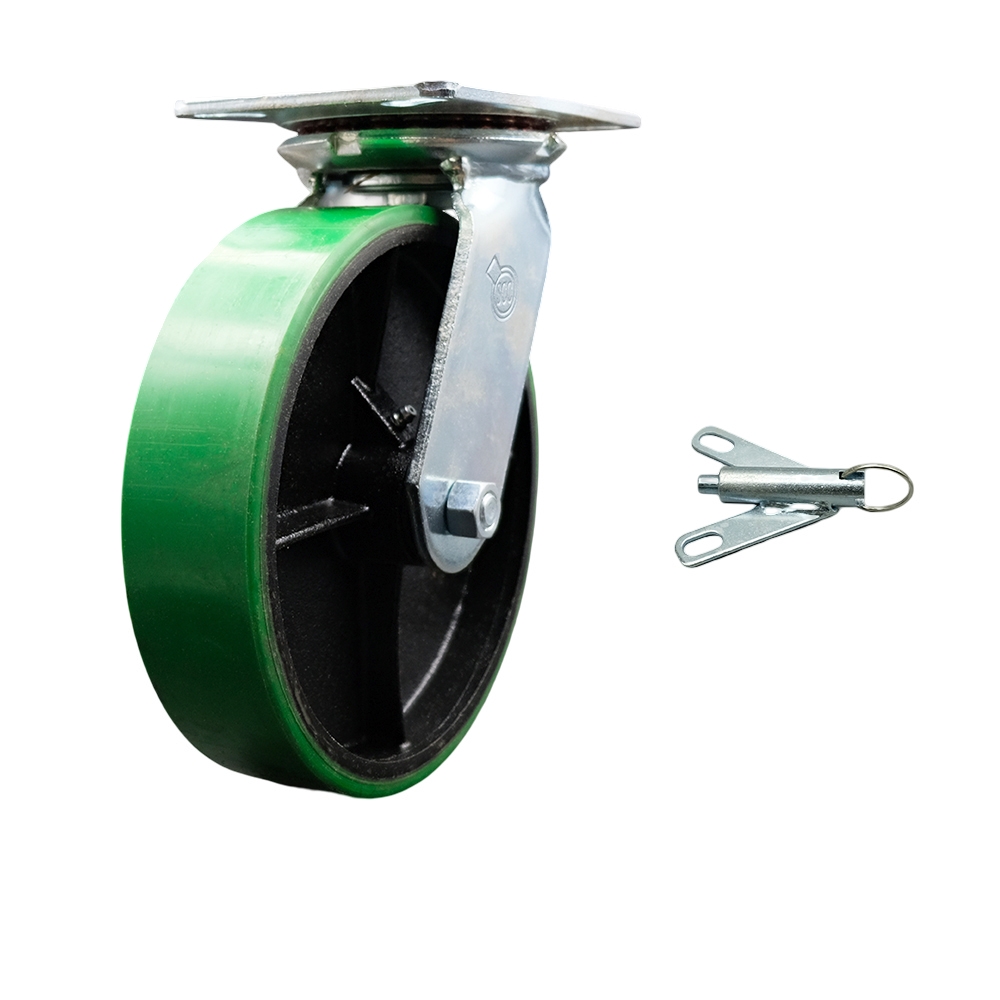 Heavy Duty Large Top Plate Polyurethane on Cast Iron Swivel Caster w/8" x 2" Green Wheel & Bolt on Swivel Lock - 1250 lbs Capacity/Caster - Service Caster Brand — photo 1