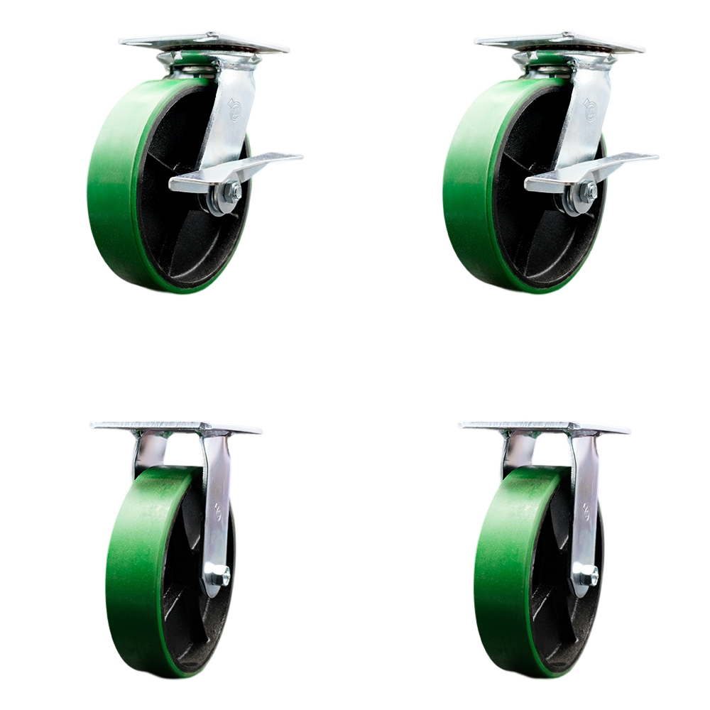 Heavy Duty Large Top Plate Polyurethane on Cast Iron Swivel Caster Set of 4 w/8" x 2" Green Wheels - Includes 2 Swivel with Brakes & 2 Rigid - 5000 lbs Total Capacity - Service Caster Brand — photo 1