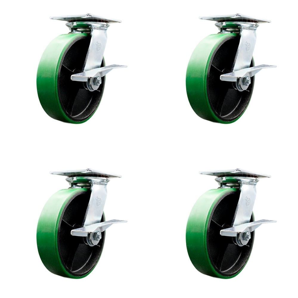 Heavy Duty Large Top Plate Polyurethane on Cast Iron Swivel Caster w/Main. Free Bearings Set of 4 w/8" x 2" Green Wheels - Includes 4 Swivel w/Side Lck Brakes-5000lbs Total Cpty - Service Caster Brand — photo 1