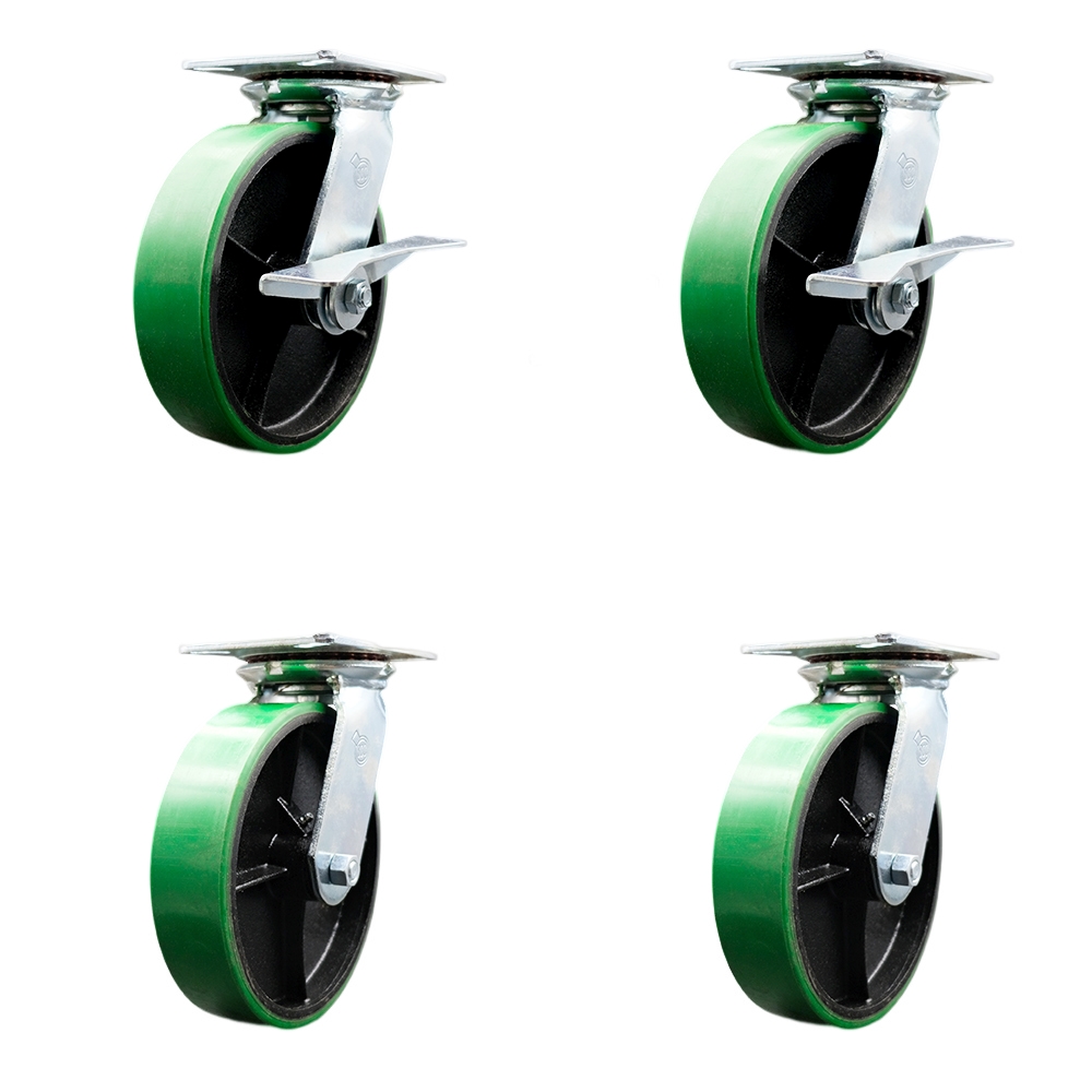 Heavy Duty Large Top Plate Poly on Cast Iron Swivel Caster Set 4 w/8" x 2" Green Wheels-Includes 2 Swvl w/BRKs and Bolt on Swvl Lcks& 2 Swvl w/Bolt on Swvl Lck-5000 lbs Total Cpty-Service Caster Brand — photo 1