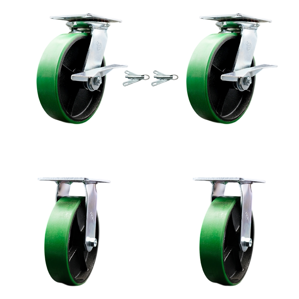 Heavy Duty Large Top Plate Polyurethane on Cast Iron Swivel Caster w/Main. Free Bearings Set of 4 w/8" x 2" Green Wheels-Includes 2 Swvl with Brakes and Bolt on Swvl Lcks&2 Rigid- Service Caster Brand — photo 1