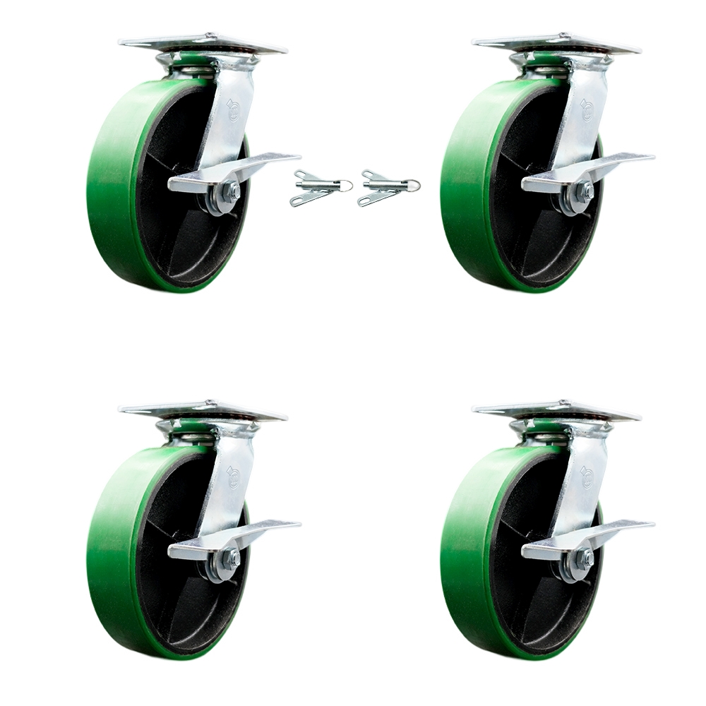 Heavy Duty Large Top Plate Poly on Cast Iron Swivel Caster Set 4 w/8" x 2" Green Wheels-Includes 2 Swivel with Brakes and Bolt on Swvl Lcks&2 Swvl with Brakes-5000 lbs Total Cpty- Service Caster Brand — photo 1
