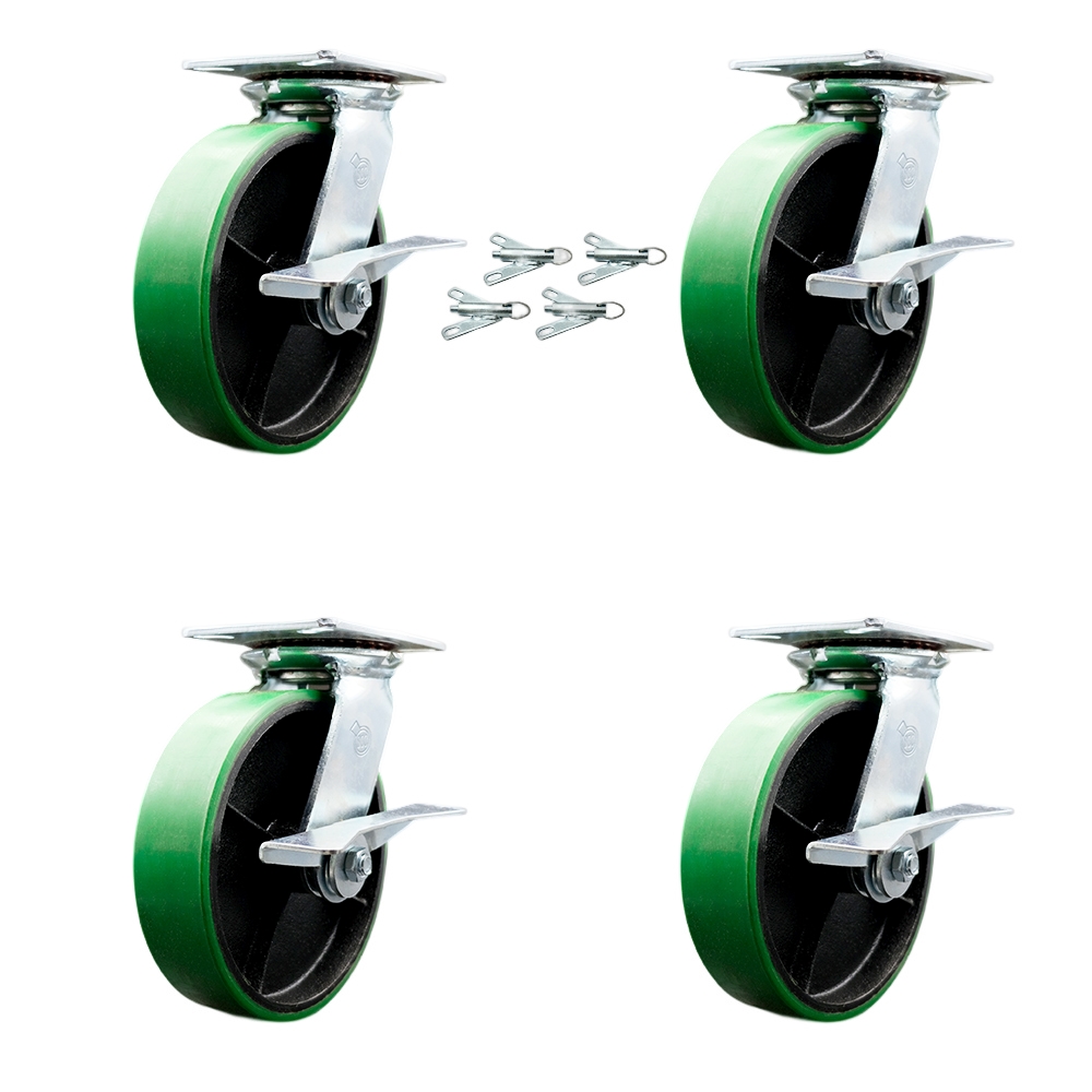 Heavy Duty Large Top Plate Polyurethane on Cast Iron Swivel Caster Set of 4 w/8" x 2" Green Wheels - Includes 4 Swivel w/Side Lck Brakes & Bolt on Swivel Lcks-5000lbs Total Cpty - Service Caster Brand — photo 1