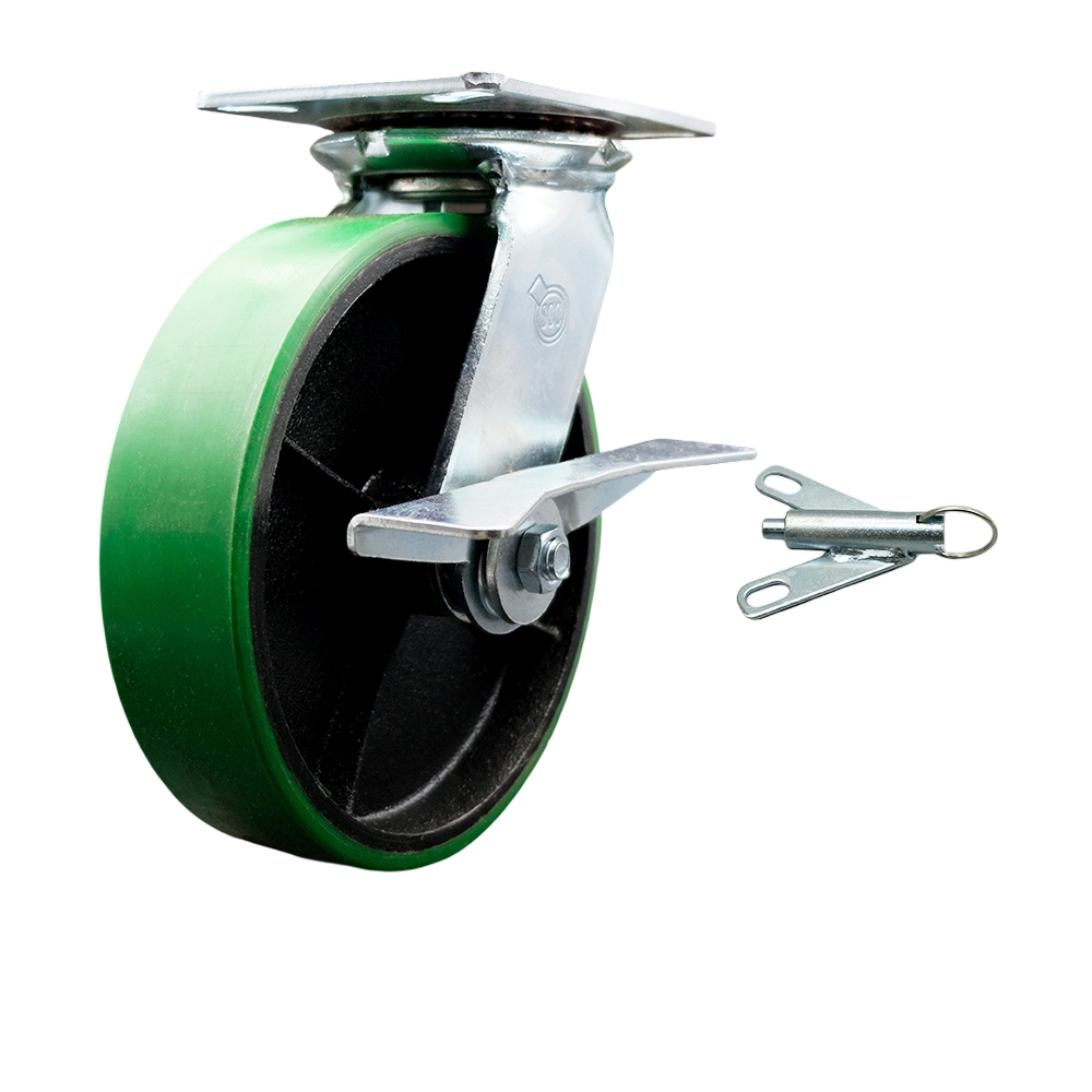 Heavy Duty Large Top Plate Polyurethane on Cast Iron Swivel Caster w/8" x 2" Green Wheel & Side Lck Brake and Bolt on Swivel Lock - 1250 lbs Capacity/Caster - Service Caster Brand — photo 1