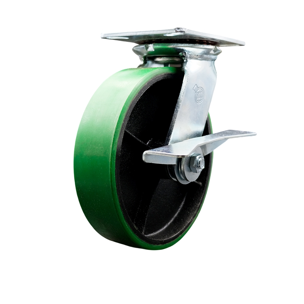 Heavy Duty Large Top Plate Polyurethane on Cast Iron Swivel Caster w/8" x 2" Green Wheel & Side Lck Brake - 1250 lbs Capacity/Caster - Service Caster Brand — photo 1