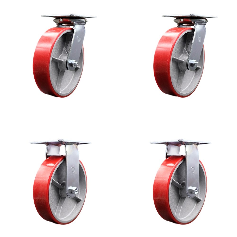 Heavy Duty Large Top Plate Polyurethane on Cast Iron Swivel Caster w/Main. Free Bearings Set of 4 w/8" x 2" Red Wheels - Includes 2 Swivel & 2 Rigid - 5000 lbs Total Capacity - Service Caster Brand — photo 1