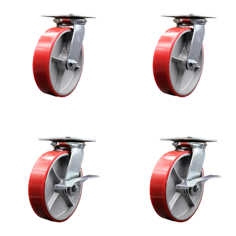 Heavy Duty Large Top Plate Polyurethane on Cast Iron Swivel Caster w/Main. Free Bearings Set of 4 w/8" x 2" Red Wheels- Includes 2 Swivel with Brakes&2 Swivel-5000lbs Total Cpty - Service Caster Brand — photo 1