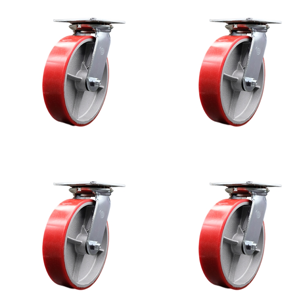 Heavy Duty Large Top Plate Polyurethane on Cast Iron Swivel Caster Set of 4 w/8" x 2" Red Wheels - Includes 4 Swivel w/Bolt on Swivel Locks - 5000 lbs Total Capacity - Service Caster Brand — photo 1