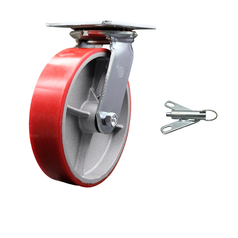Heavy Duty Large Top Plate Polyurethane on Cast Iron Swivel Caster w/Main. Free Bearings and 8" x 2" Red Wheel & Bolt on Swivel Lock - 1250 lbs Capacity/Caster - Service Caster Brand — photo 1