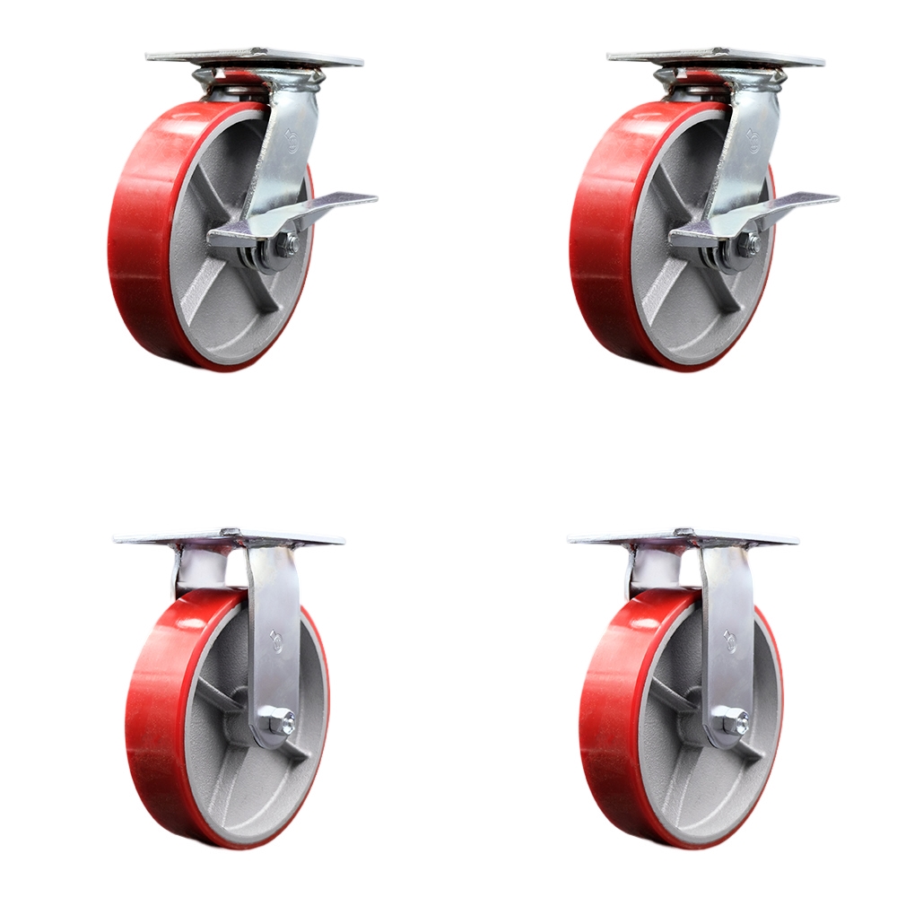 Heavy Duty Large Top Plate Polyurethane on Cast Iron Swivel Caster Set of 4 w/8" x 2" Red Wheels - Includes 2 Swivel with Brakes & 2 Rigid - 5000 lbs Total Capacity - Service Caster Brand — photo 1