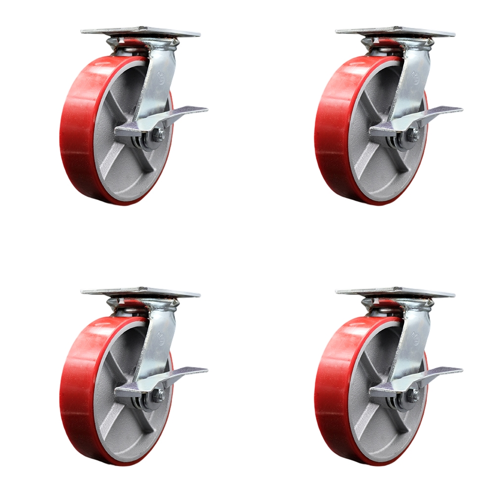 Heavy Duty Large Top Plate Polyurethane on Cast Iron Swivel Caster Set of 4 w/8" x 2" Red Wheels - Includes 4 Swivel w/Side Lck Brakes - 5000 lbs Total Capacity - Service Caster Brand — photo 1