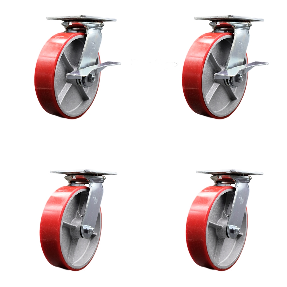 Heavy Duty Large Top Plate Poly on Cast Iron Swivel Caster Set 4 w/8" x 2" Red Wheels-Includes 2 Swvl w/Brakes and Bolt on Swvl Lck&2 Swvl w/Bolt on Swvl Lcks-5000lbs Total Cpty - Service Caster Brand — photo 1