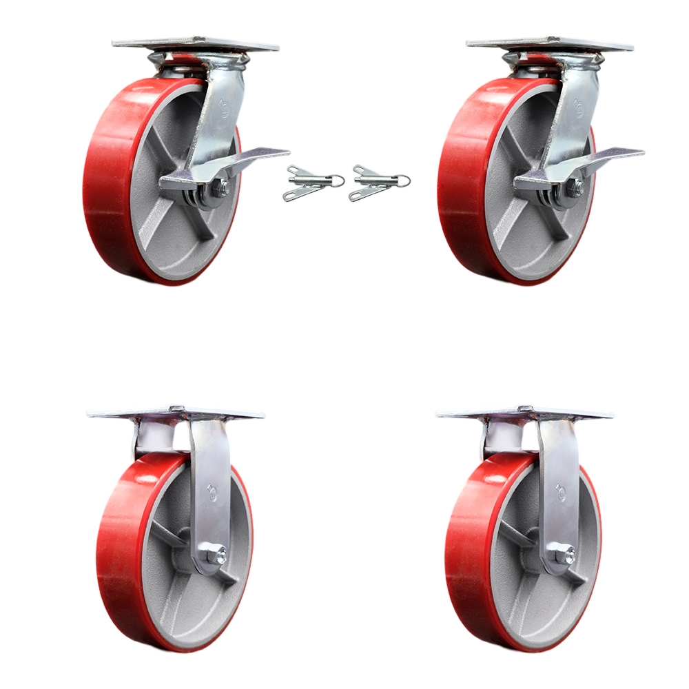 Heavy Duty Large Top Plate Polyurethane on Cast Iron Swivel Caster Set of 4 w/8" x 2" Red Wheels- Includes 2 Swivel with Brakes and Bolt on Swivel Lcks&2 Rigid-5000 lbs Total Cpty-Service Caster Brand — photo 1