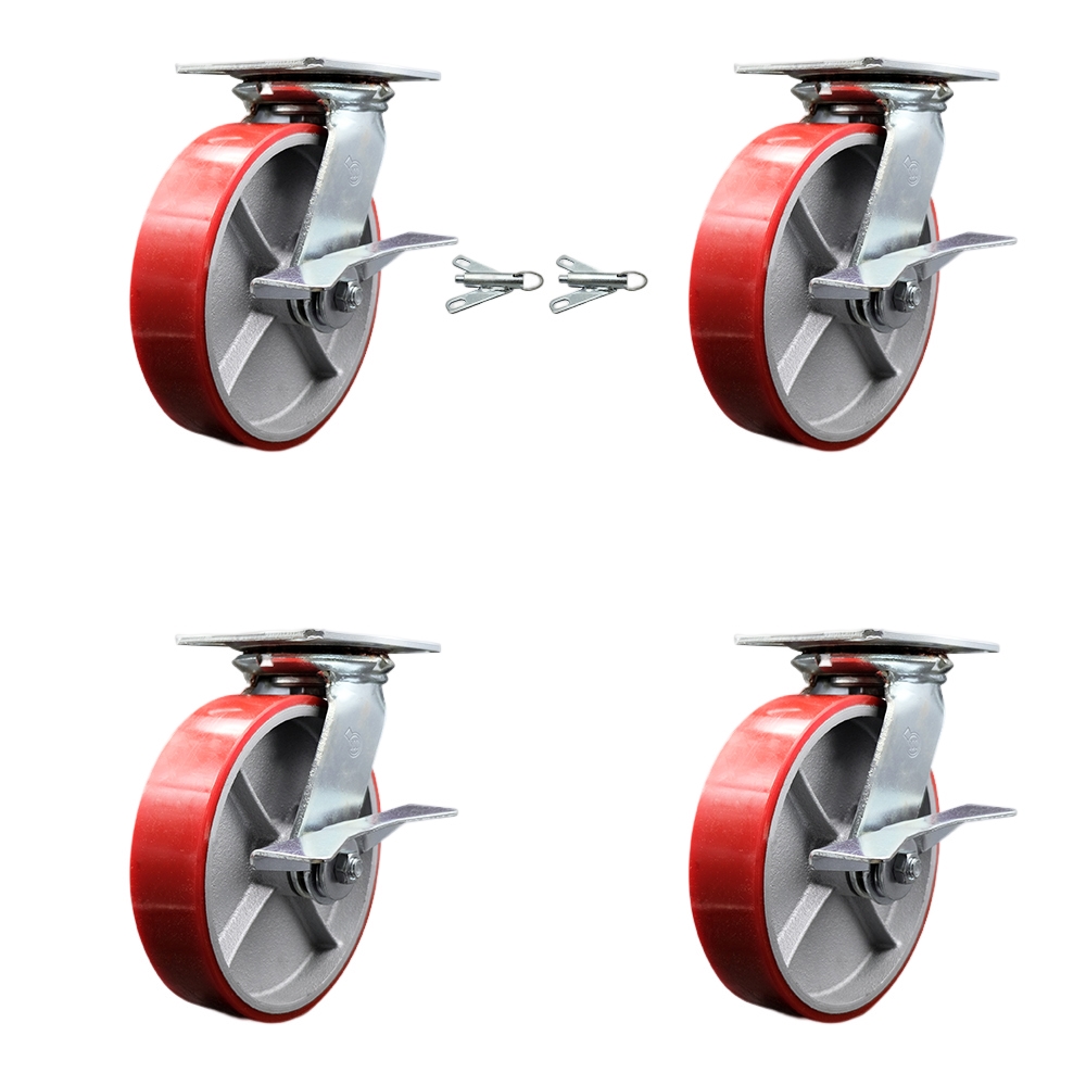 Heavy Duty Large Top Plate Poly on Cast Iron Swivel Caster Set 4 w/8" x 2" Red Wheels-Includes 2 Swivel with Brakes and Bolt on Swvl Locks&2 Swvl with Brakes-5000 lbs Total Cpty - Service Caster Brand — photo 1