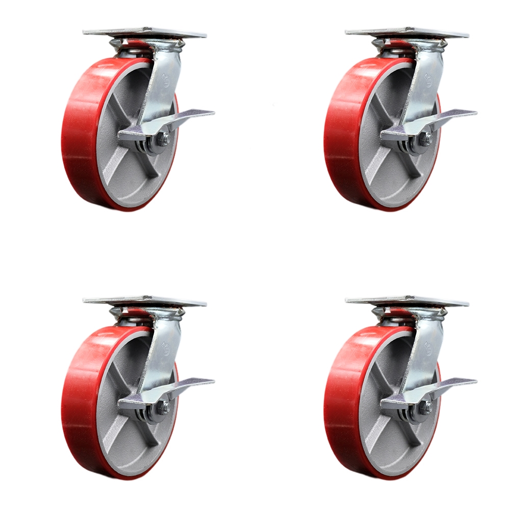Heavy Duty Large Top Plate Polyurethane on Cast Iron Swivel Caster w/Main. Free Bearings Set of 4 w/8" x 2" Red Wheels-Includes 4 Swivel w/Side Lck Brakes & Bolt on Swivel Locks - Service Caster Brand — photo 1