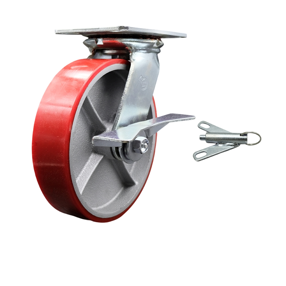 Heavy Duty Large Top Plate Polyurethane on Cast Iron Swivel Caster w/Main. Free Bearings and 8" x 2" Red Wheel & Side Lck Brake and Bolt on Swivel Lock - 1250lbs Capacity/Caster - Service Caster Brand — photo 1