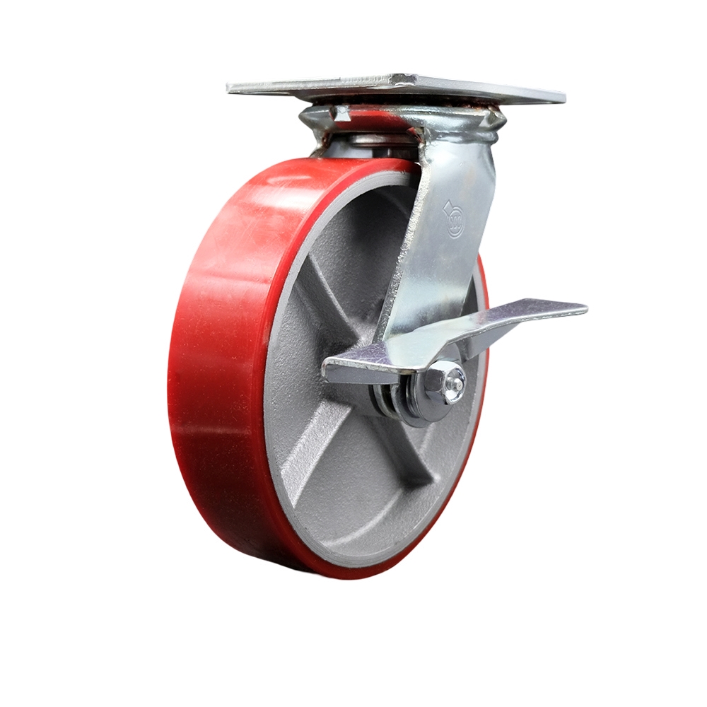 Heavy Duty Large Top Plate Polyurethane on Cast Iron Swivel Caster w/8" x 2" Red Wheel & Side Lck Brake - 1250 lbs Capacity/Caster - Service Caster Brand — photo 1