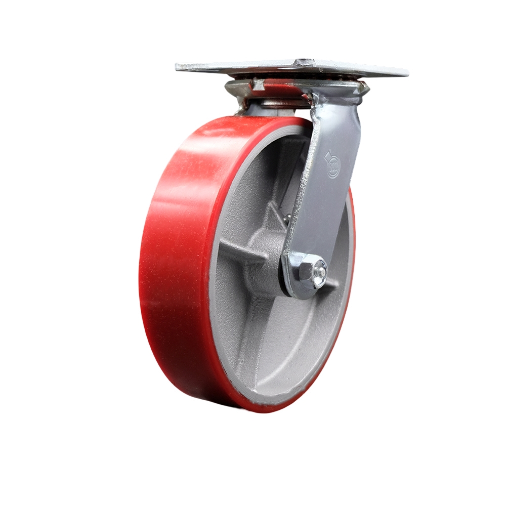 Heavy Duty Large Top Plate Polyurethane on Cast Iron Swivel Caster w/8" x 2" Red Wheel - 1250 lbs Capacity/Caster - Service Caster Brand — photo 1