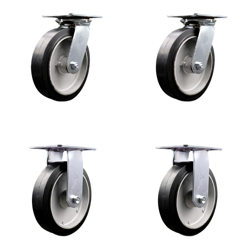 Heavy Duty Large Top Plate Rubber on Aluminum Swivel Caster w/Main. Free Bearings Set of 4 w/8" x 2" Black Wheels - Includes 2 Swivel & 2 Rigid - 2400 lbs Total Capacity - Service Caster Brand — photo 1