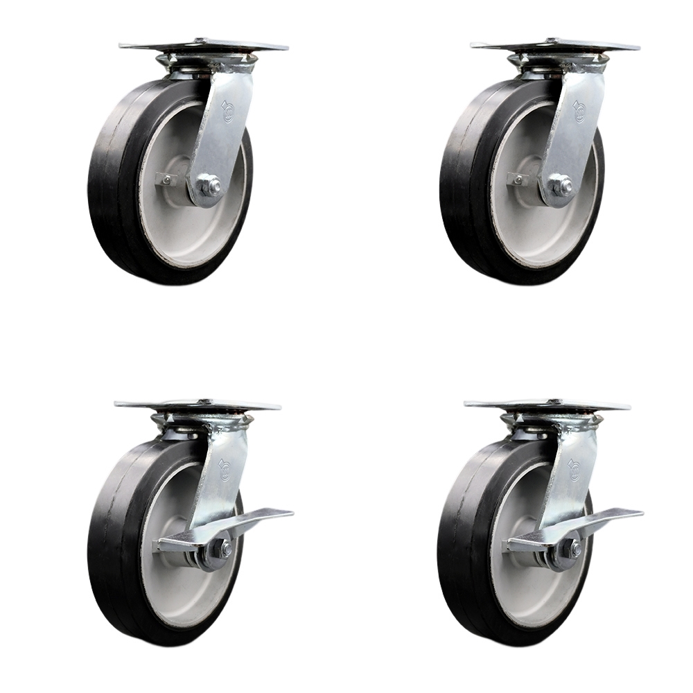 Heavy Duty Large Top Plate Rubber on Aluminum Swivel Caster Set of 4 w/8" x 2" Black Wheels - Includes 2 Swivel with Brakes & 2 Swivel - 2400 lbs Total Capacity - Service Caster Brand — photo 1