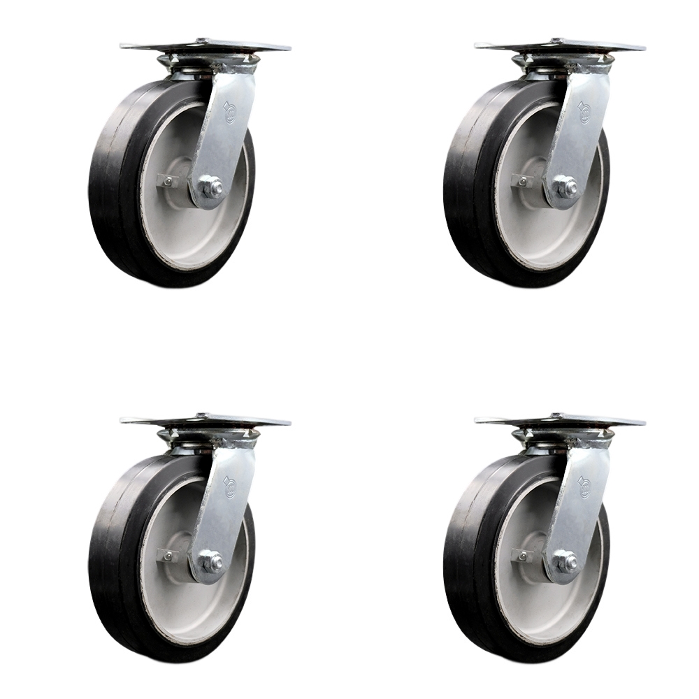 Heavy Duty Large Top Plate Rubber on Aluminum Swivel Caster w/Main. Free Bearings Set of 4 w/8" x 2" Black Wheels - Includes 4 Swivel - 2400 lbs Total Capacity - Service Caster Brand — photo 1
