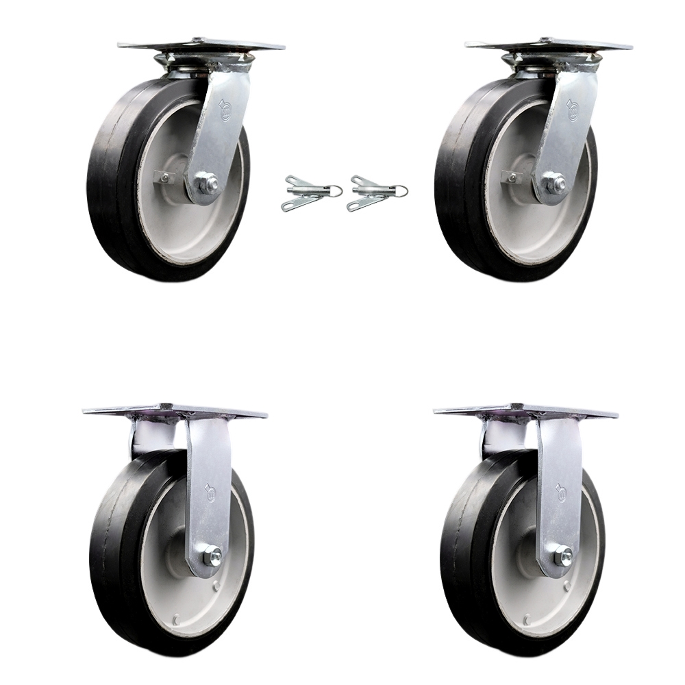 Heavy Duty Large Top Plate Rubber on Aluminum Swivel Caster Set of 4 w/8" x 2" Black Wheels - Includes 2 Swivel with Bolt on Swivel Locks & 2 Rigid - 2400 lbs Total Capacity - Service Caster Brand — photo 1