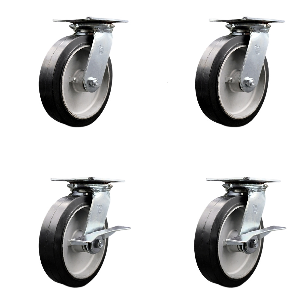 Heavy Duty Large Top Plate Rubber on Aluminum Swivel Caster w/Main. Free Bearings Set of 4 w/8" x 2" Black Wheels - Includes 2 Swivel with Bolt on Swivel Lcks&2 Swvl with Brakes - Service Caster Brand — photo 1