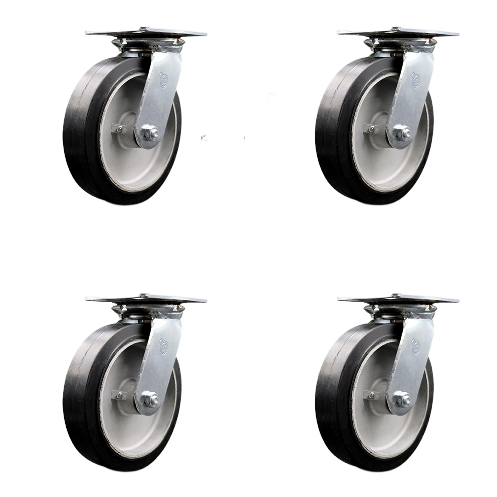 Heavy Duty Large Top Plate Rubber on Aluminum Swivel Caster w/Main. Free Bearings Set of 4 w/8" x 2" Black Wheels-Includes 4 Swivel w/Bolt on Swivel Locks-2400lbs Total Capacity - Service Caster Brand — photo 1