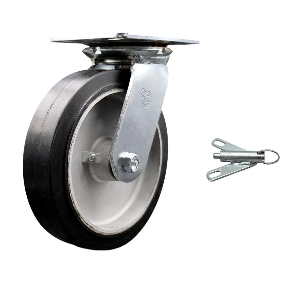 Heavy Duty Large Top Plate Rubber on Aluminum Swivel Caster w/8" x 2" Black Wheel & Bolt on Swivel Lock - 600 lbs Capacity/Caster - Service Caster Brand — photo 1