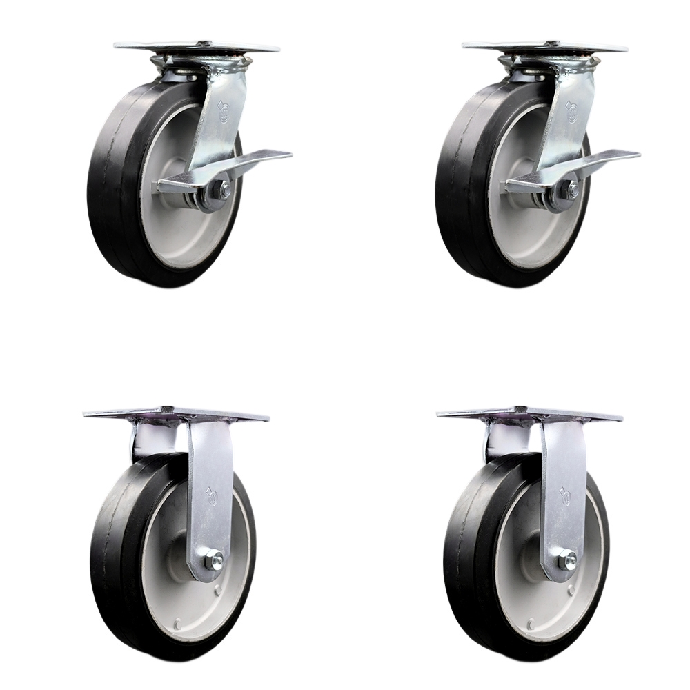 Heavy Duty Large Top Plate Rubber on Aluminum Swivel Caster w/Main. Free Bearings Set of 4 w/8" x 2" Black Wheels - Includes 2 Swivel with Brakes & 2 Rigid - 2400 lbs Total Cpty - Service Caster Brand — photo 1