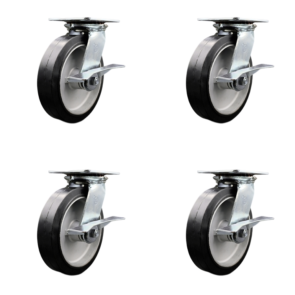 Heavy Duty Large Top Plate Rubber on Aluminum Swivel Caster w/Main. Free Bearings Set of 4 w/8" x 2" Black Wheels - Includes 4 Swivel w/Side Lck Brakes - 2400 lbs Total Capacity - Service Caster Brand — photo 1
