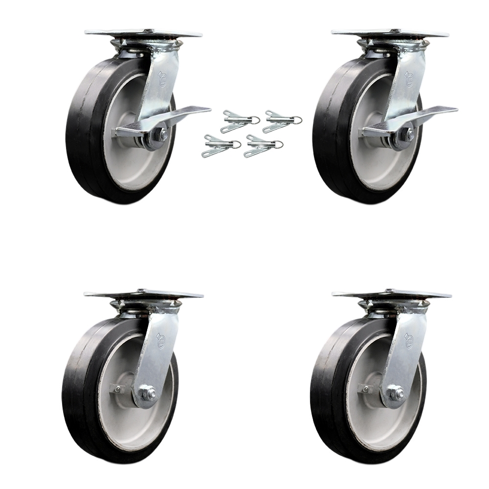 Heavy Duty Large Top Plate Rubber on Aluminum Swivel Caster Set 4 w/8" x 2" Black Wheel-Includes 2 Swvl w/BRKs and Bolt on Swvl Lck& 2 Swvl w/Bolt on Swvl Lck-2400 lbs Total Cpty- Service Caster Brand — photo 1