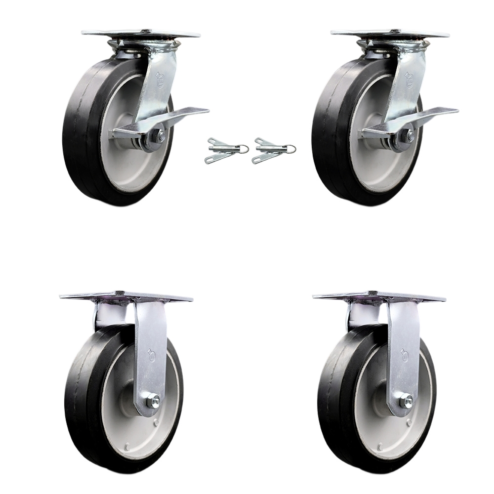 Heavy Duty Large Top Plate Rubber on Aluminum Swivel Caster w/Main. Free Bearings Set of 4 w/8" x 2" Black Wheels- Includes 2 Swivel with Brakes and Bolt on Swivel Locks&2 Rigid - Service Caster Brand — photo 1