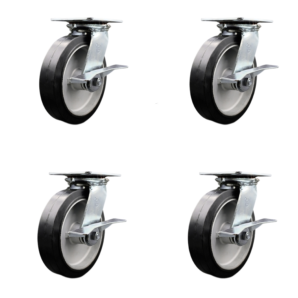 Heavy Duty Large Top Plate Rubber on Aluminum Swivel Caster Set 4 w/8" x 2" Black Wheels-Includes 2 Swivel with Brakes and Bolt on Swvl Lcks&2 Swvl with Brakes-2400 lbs Total Cpty-Service Caster Brand — photo 1