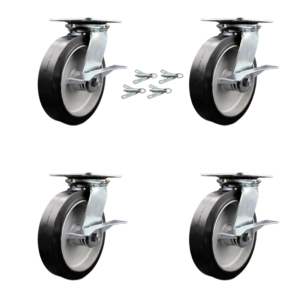 Heavy Duty Large Top Plate Rubber on Aluminum Swivel Caster w/Main. Free Bearings Set of 4 w/8" x 2" Black Wheels - Includes 4 Swivel w/Side Lock Brakes & Bolt on Swivel Locks - Service Caster Brand — photo 1