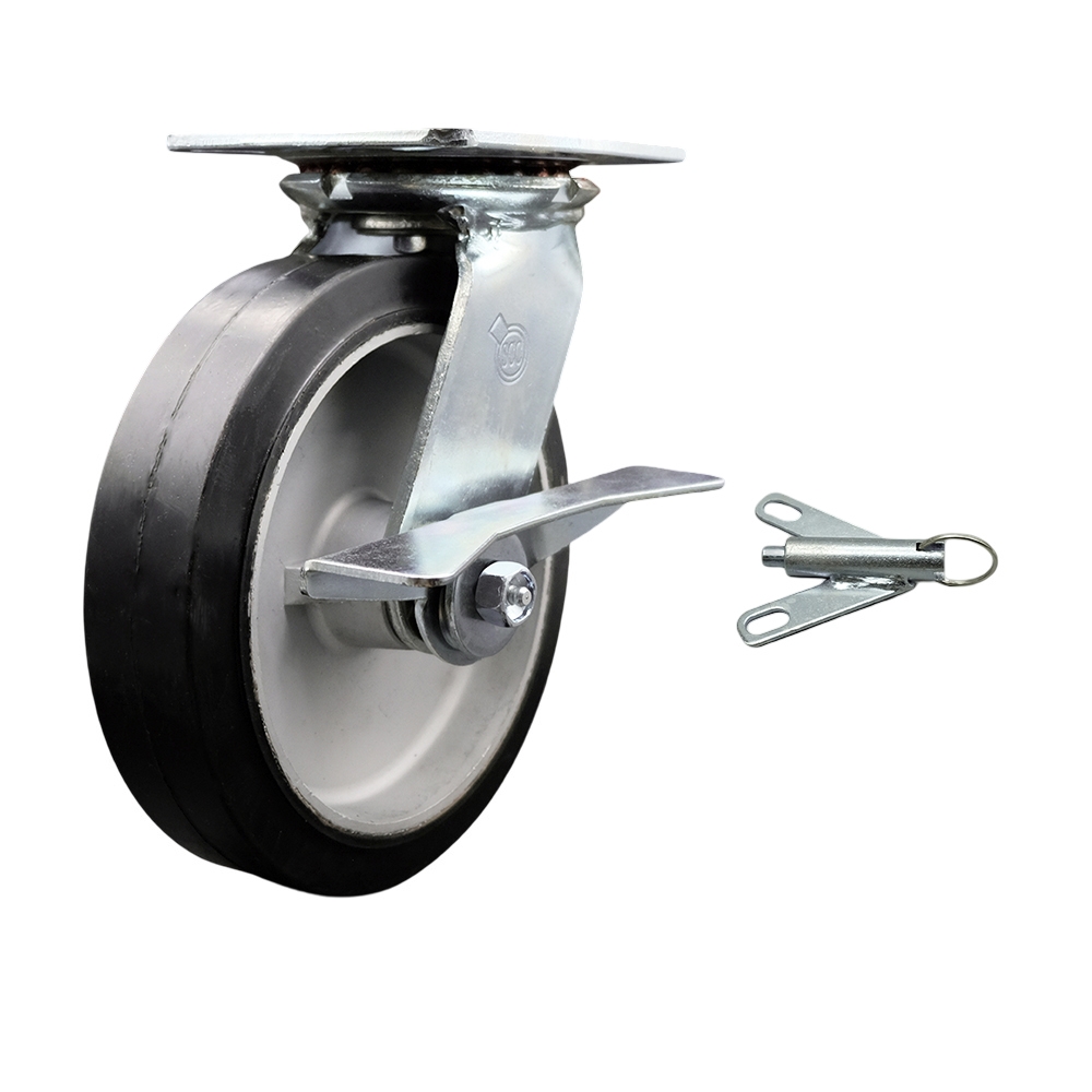 Heavy Duty Large Top Plate Rubber on Aluminum Swivel Caster w/8" x 2" Black Wheel & Side Lck Brake and Bolt on Swivel Lock - 600 lbs Capacity/Caster - Service Caster Brand — photo 1