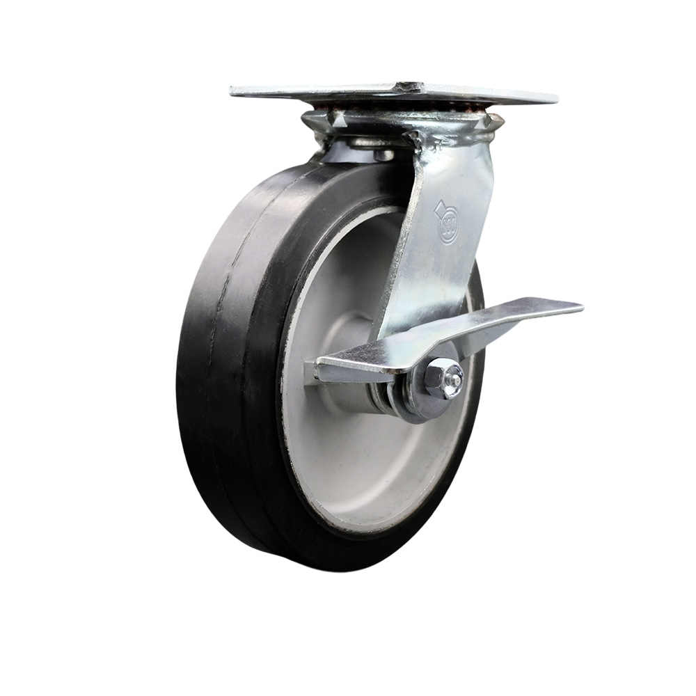 Heavy Duty Large Top Plate Rubber on Aluminum Swivel Caster w/8" x 2" Black Wheel & Side Lck Brake - 600 lbs Capacity/Caster - Service Caster Brand — photo 1