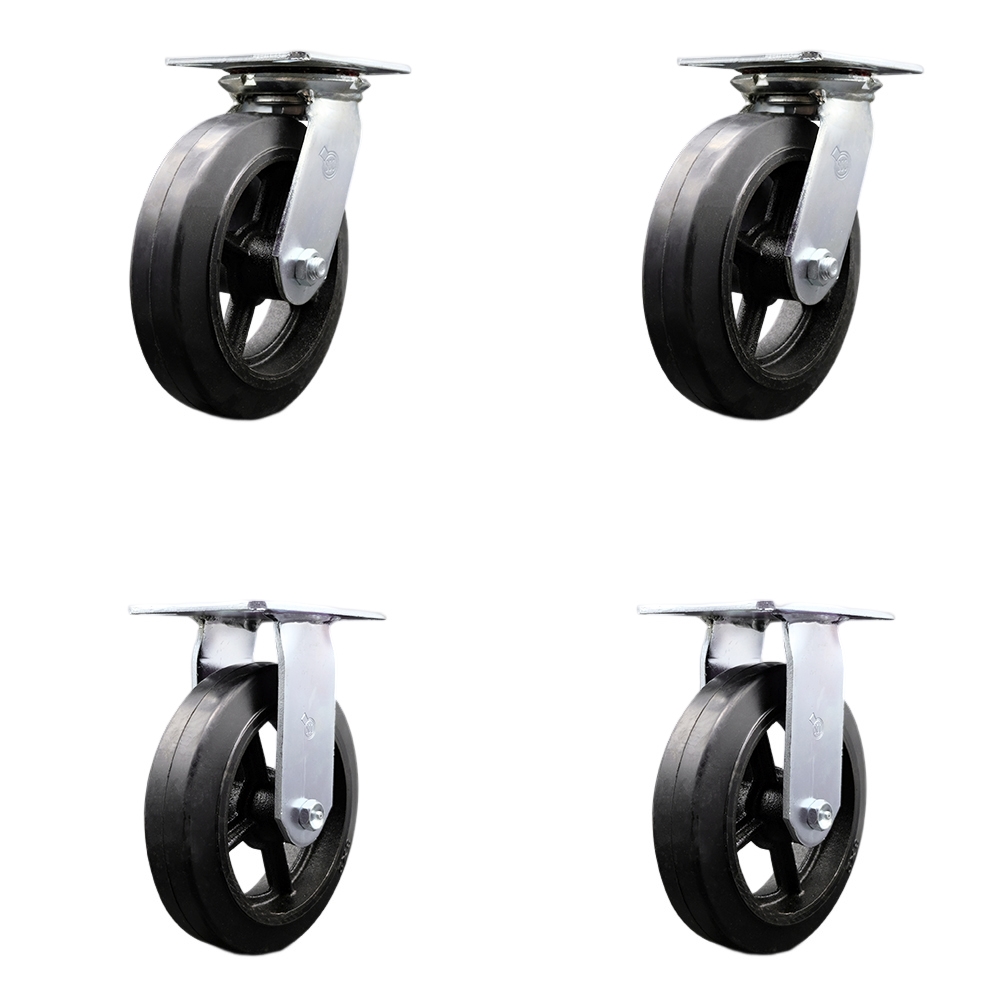 Heavy Duty Large Top Plate Rubber on Cast Iron Swivel Caster w/Main. Free Bearings Set of 4 w/8" x 2" Black Wheels - Includes 2 Swivel & 2 Rigid - 2000 lbs Total Capacity - Service Caster Brand — photo 1