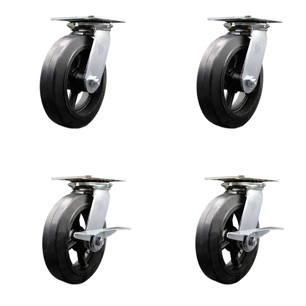 Heavy Duty Large Top Plate Rubber on Cast Iron Swivel Caster Set of 4 w/8" x 2" Black Wheels - Includes 2 Swivel with Brakes & 2 Swivel - 2000 lbs Total Capacity - Service Caster Brand — photo 1