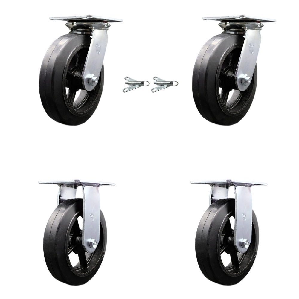 Heavy Duty Large Top Plate Rubber on Cast Iron Swivel Caster w/Main. Free Bearings Set of 4 w/8" x 2" Black Wheels - Includes 2 Swivel with Bolt on Swivel Locks & 2 Rigid - Service Caster Brand — photo 1