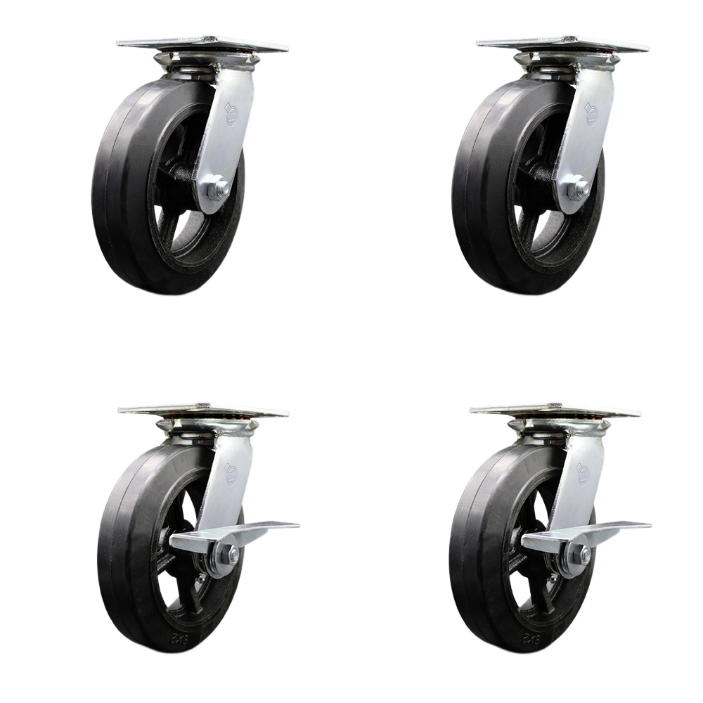 Heavy Duty Large Top Plate Rubber on Cast Iron Swivel Caster Set of 4 w/8" x 2" Black Wheels - Includes 2 Swivel with Bolt on Swivel Lcks&2 Swivel with Brakes-2000lbs Total Cpty - Service Caster Brand — photo 1