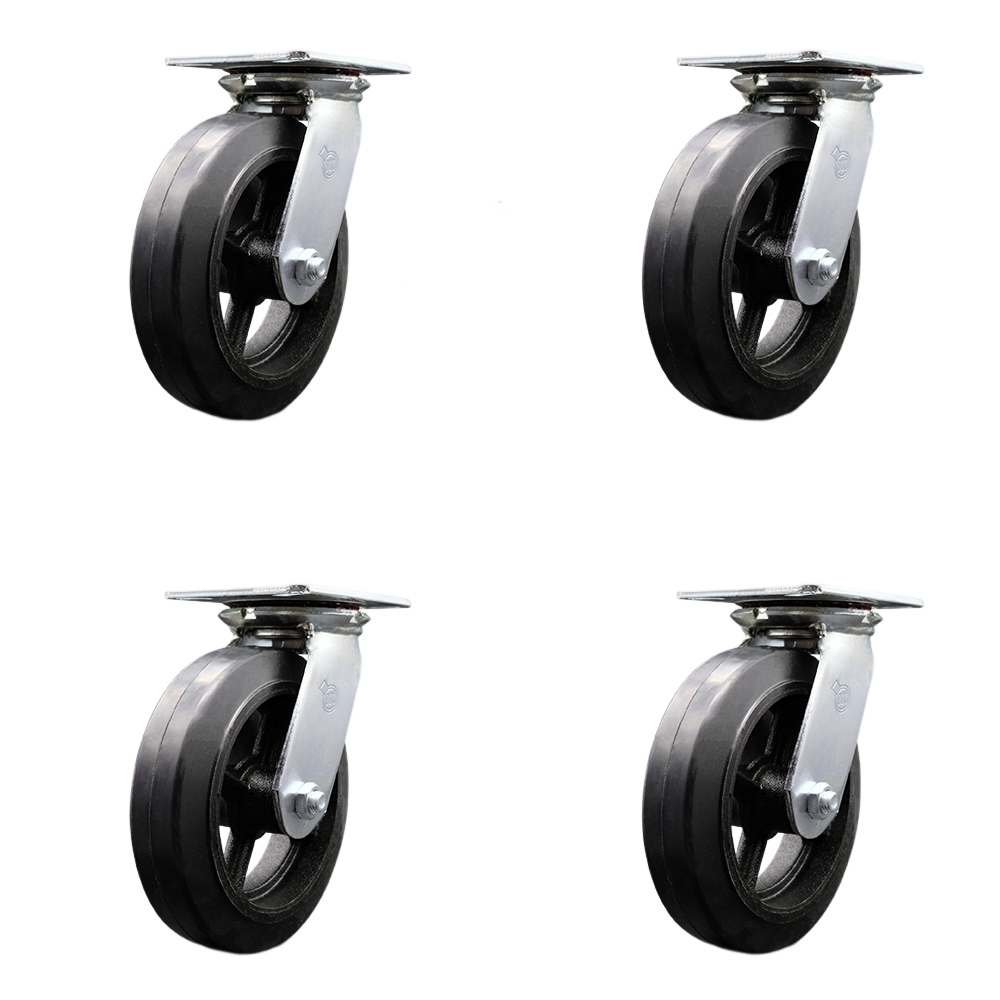 Heavy Duty Large Top Plate Rubber on Cast Iron Swivel Caster Set of 4 w/8" x 2" Black Wheels - Includes 4 Swivel w/Bolt on Swivel Locks - 2000 lbs Total Capacity - Service Caster Brand — photo 1