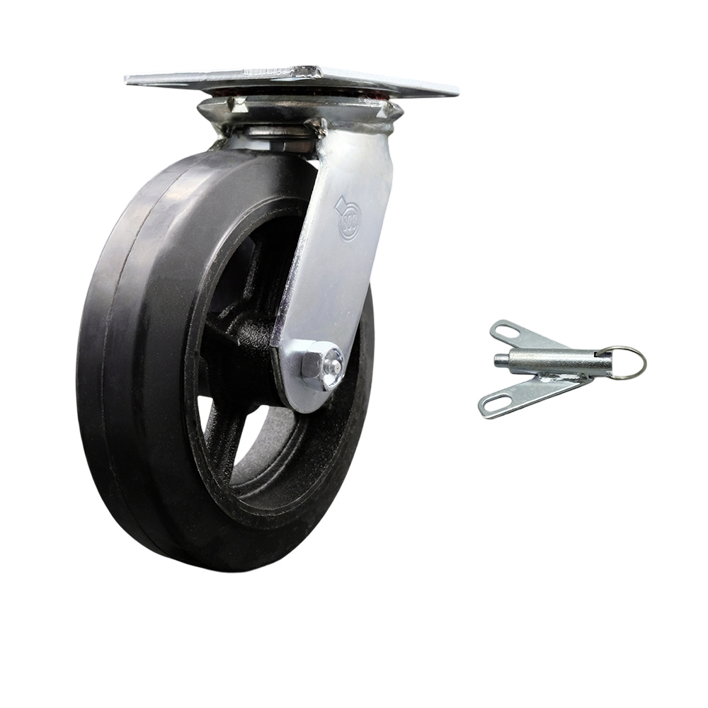 Heavy Duty Large Top Plate Rubber on Cast Iron Swivel Caster w/Main. Free Bearings and 8" x 2" Black Wheel & Bolt on Swivel Lock - 500 lbs Capacity/Caster - Service Caster Brand — photo 1