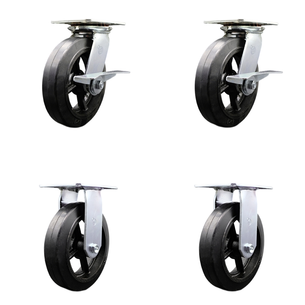 Heavy Duty Large Top Plate Rubber on Cast Iron Swivel Caster w/Main. Free Bearings Set of 4 w/8" x 2" Black Wheels - Includes 2 Swivel with Brakes & 2 Rigid - 2000lbs Total Cpty - Service Caster Brand — photo 1