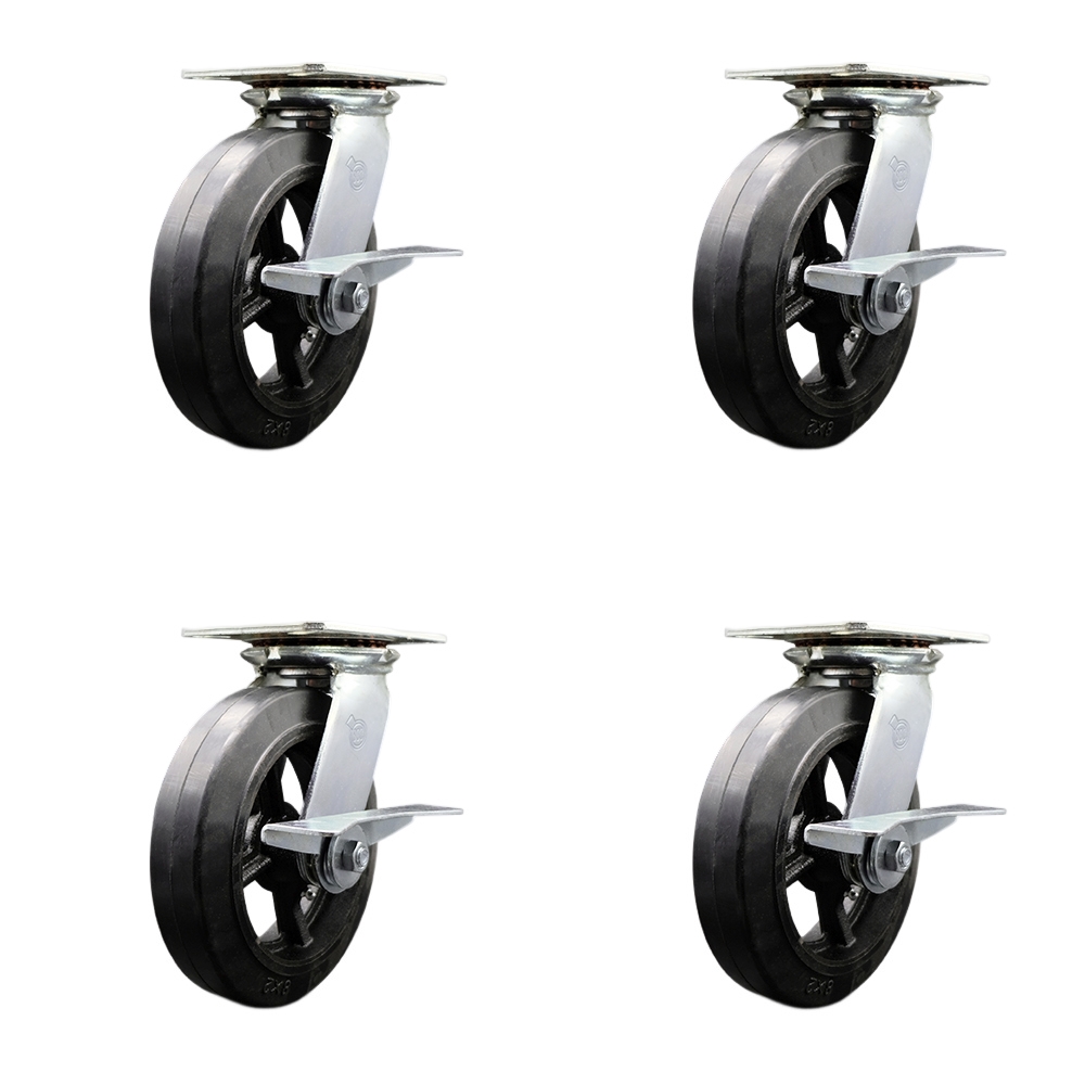 Heavy Duty Large Top Plate Rubber on Cast Iron Swivel Caster w/Main. Free Bearings Set of 4 w/8" x 2" Black Wheels - Includes 4 Swivel w/Side Lck Brakes - 2000lbs Total Capacity - Service Caster Brand — photo 1