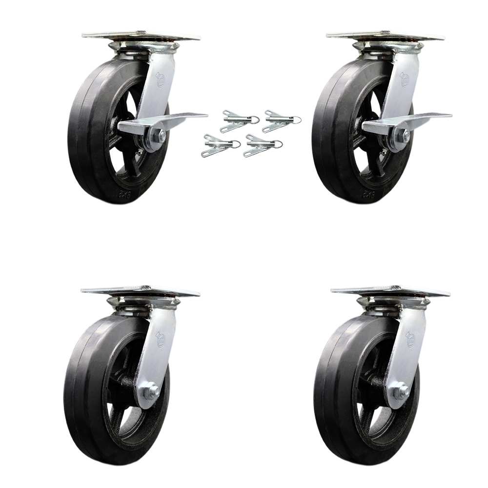 Heavy Duty Large Top Plate Rubber on Cast Iron Swivel Caster Set 4 w/8" x 2" Black Wheel-Includes 2 Swvl w/BRKs and Bolt on Swvl Lck& 2 Swvl w/Bolt on Swvl Lck-2000lbs Total Cpty- Service Caster Brand — photo 1